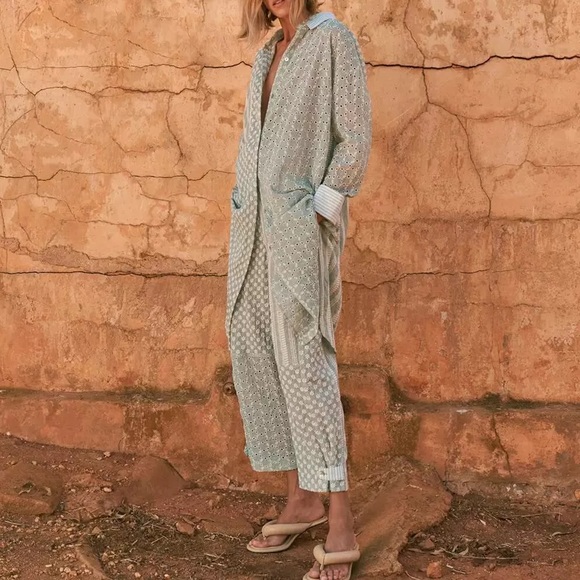 Sage Floral Embroidery Shirt Dress In A Vintage Boho Style With Long Sleeces - Picture 2 of 6